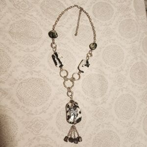 Silver Tone Zebra Agate Stone & Shell Necklace w Extention Tassel Lobster Claw
